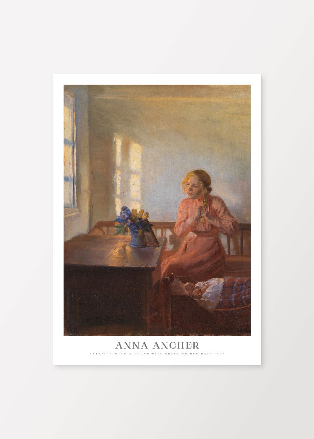 Interior with a young woman braiding her hair - Anna Ancher - #shop_name