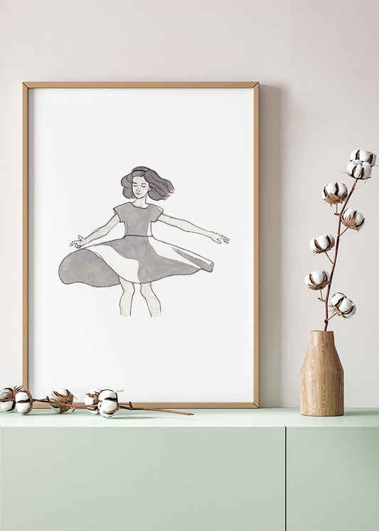 Dreamer svartvit poster till barnrummet föreställande en flicka som dansar. Akvarell av Caroline Åkerblom.