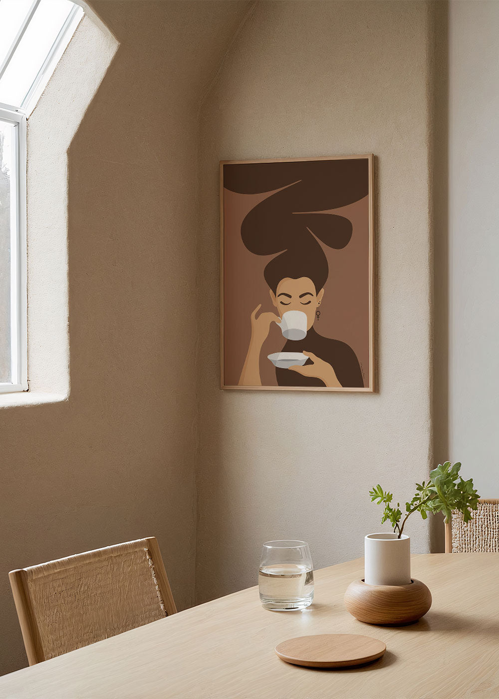 fikaposters - kvinna dricker kaffer hos en kaffe farg design