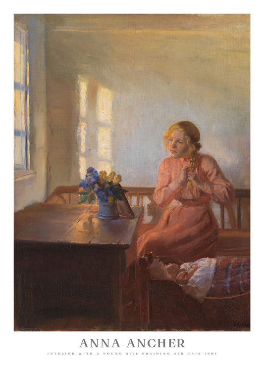 Interior with a young woman braiding her hair - Anna Ancher - shop_name