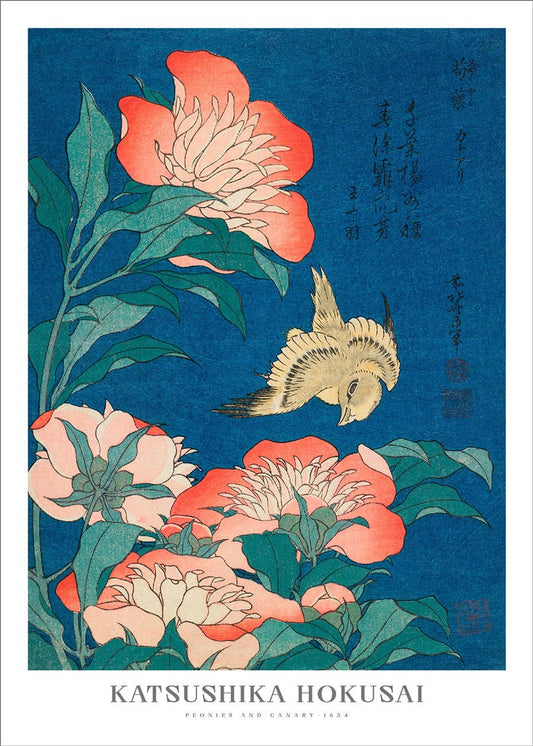 Peonies and Canary - Katsushika Hokusai - #shop_name