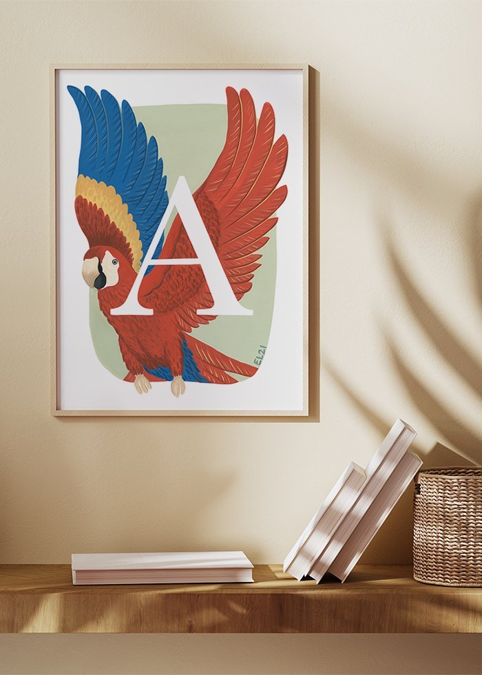 Papegoja poster på vägg med röda och blåa vingar som flaxar i kombination med bokstaven A