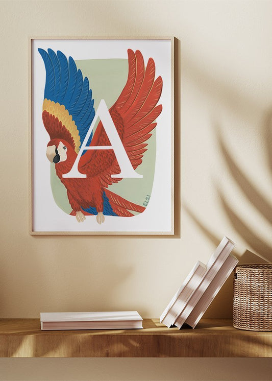 Papegoja poster på vägg med röda och blåa vingar som flaxar i kombination med bokstaven A