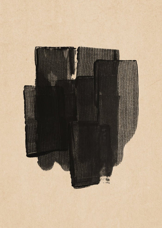 Abstrakt poster som har ett antal tjocka svarta målningsmärken över en beige bakgrund.