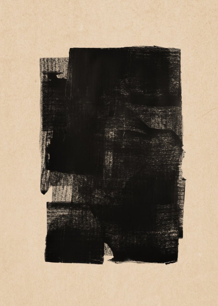 Abstrakt print som har ett antal tjocka svarta roller pensel över en beige bakgrund.