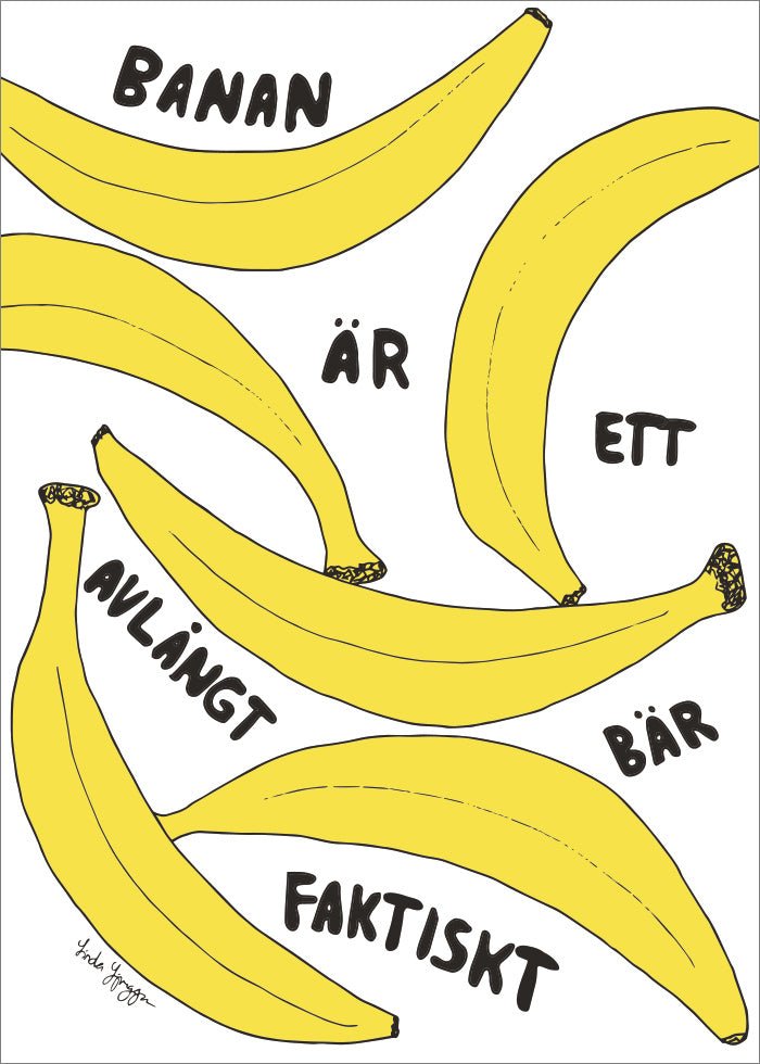 Poppig poster med bananer. Banan är ett avlångt bär faktiskt.