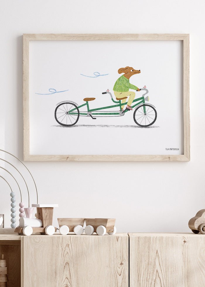 Biking, cykelposter till barnrummet med hund på tandemcykel.