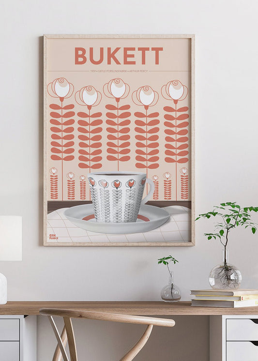 Bukett Kaffekopp Poster, röd tavla perfekt i köket eller vardagsrummet. Poster skapad av Erik Fläder.