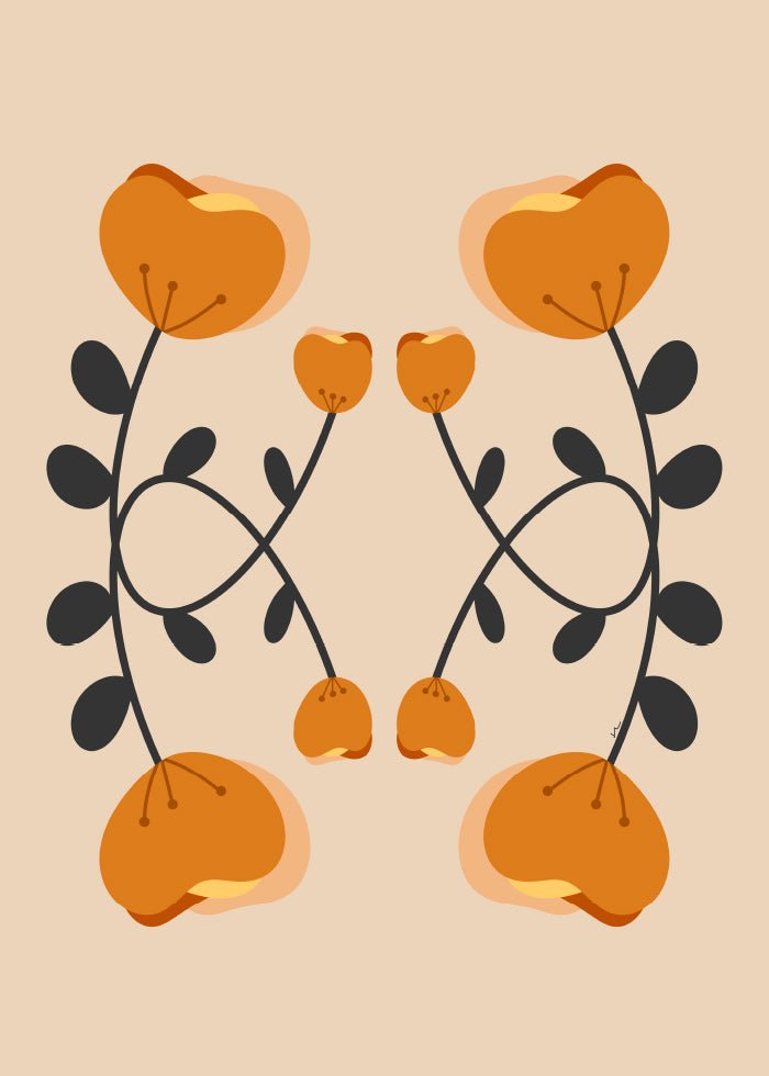 California Poppy Poster - Grafisk poster i orangea och beiga toner med vallmoblommor.