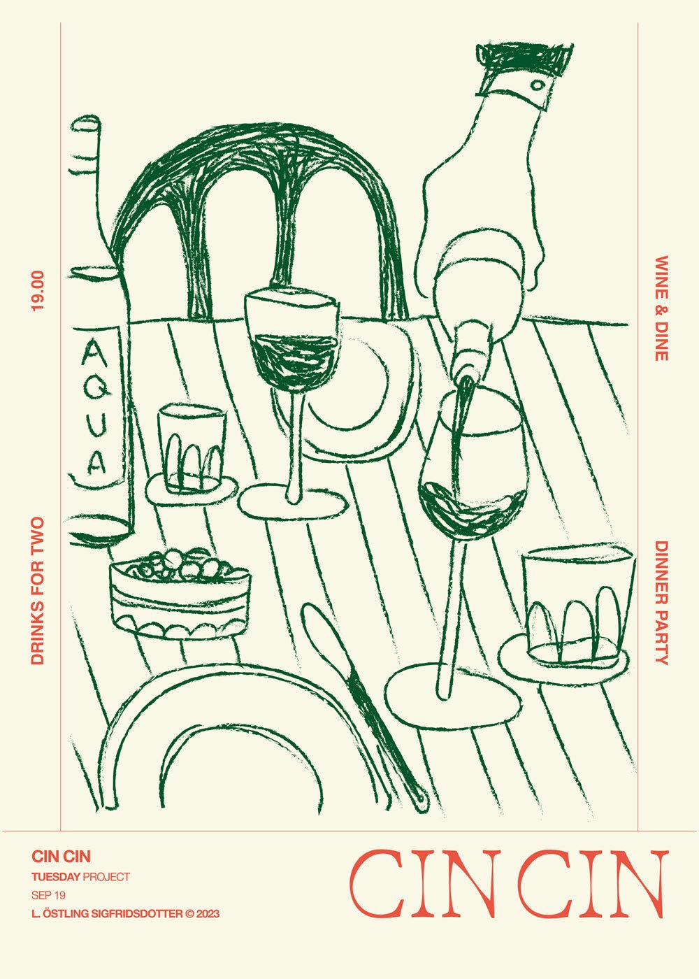 Cin Cin-poster med illustrerade glas och flaskor i grönt och rött