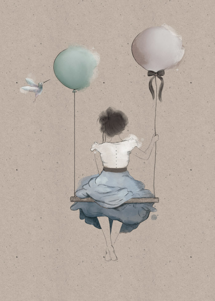Beige tavla med flicka på gunga med ballonger. Poster av Christina Palm