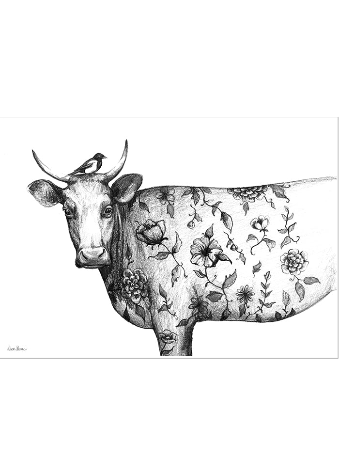 Svartvit liggande poster med blommig ko och skata. Rolig djurtavla av Linn Warme.
