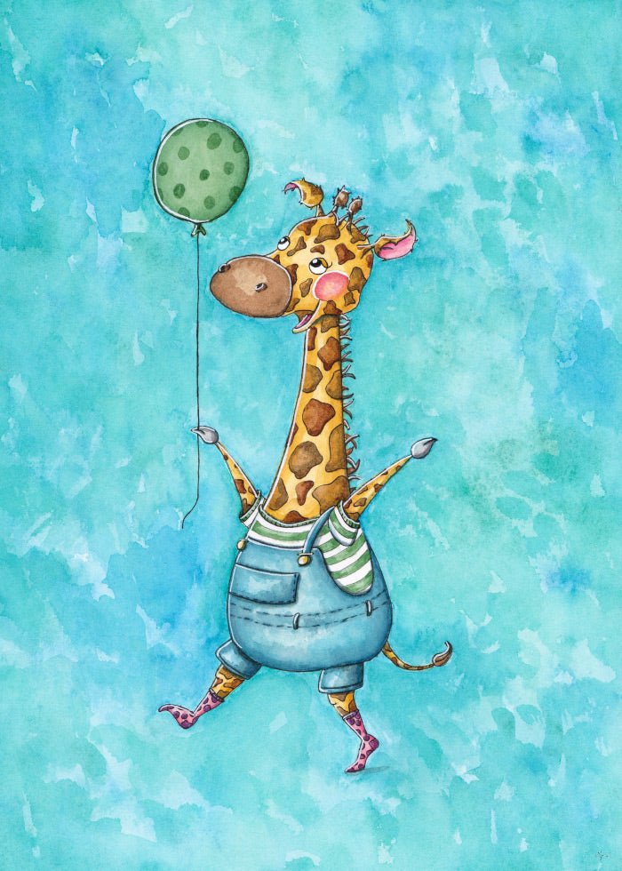 Gullig blå barntavla med giraff med ballong.