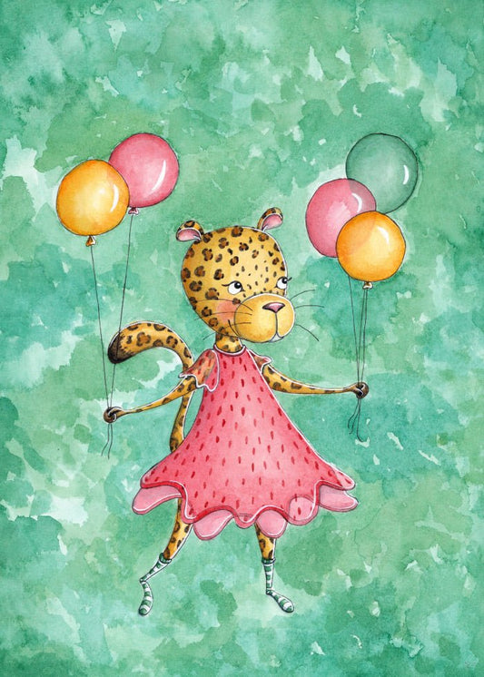 Grön barntavla med leopard i rosa klänning och färgglada ballonger.