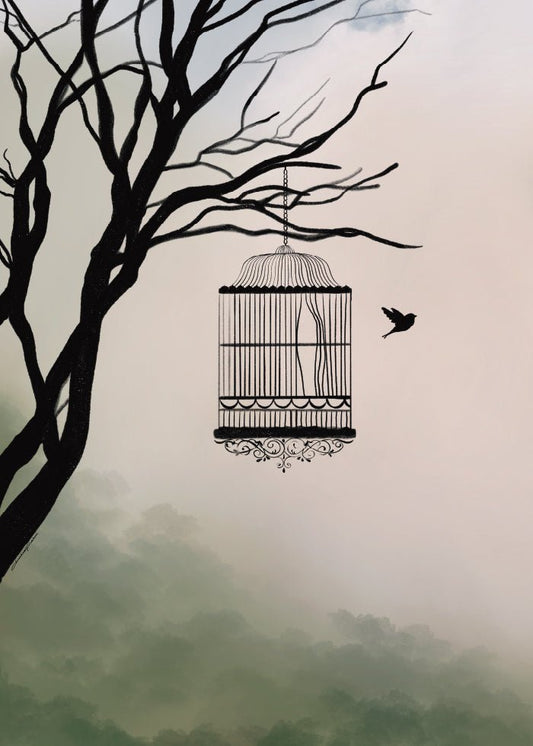Poster med fågel som flyger ur sin bur av Christina Palm.