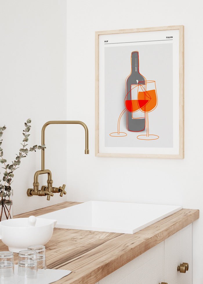 Poster med vinflaska och två illustrerade vinglas som skålar med varandra.