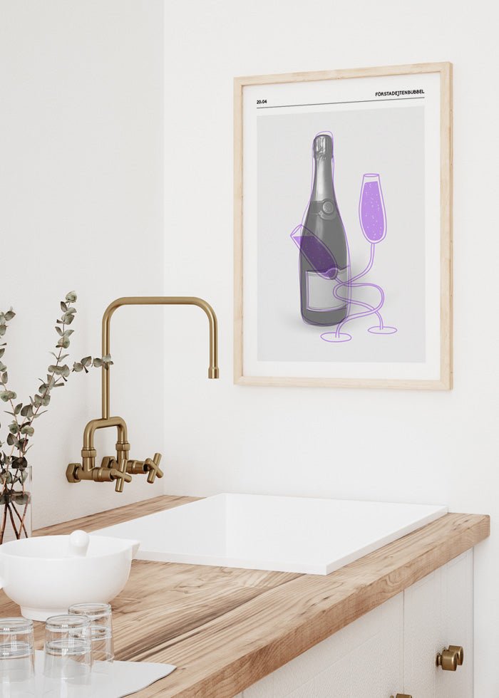 Poster föreställande champagneflaska och två snirkliga glas med bubblande dryck i lila nyans.