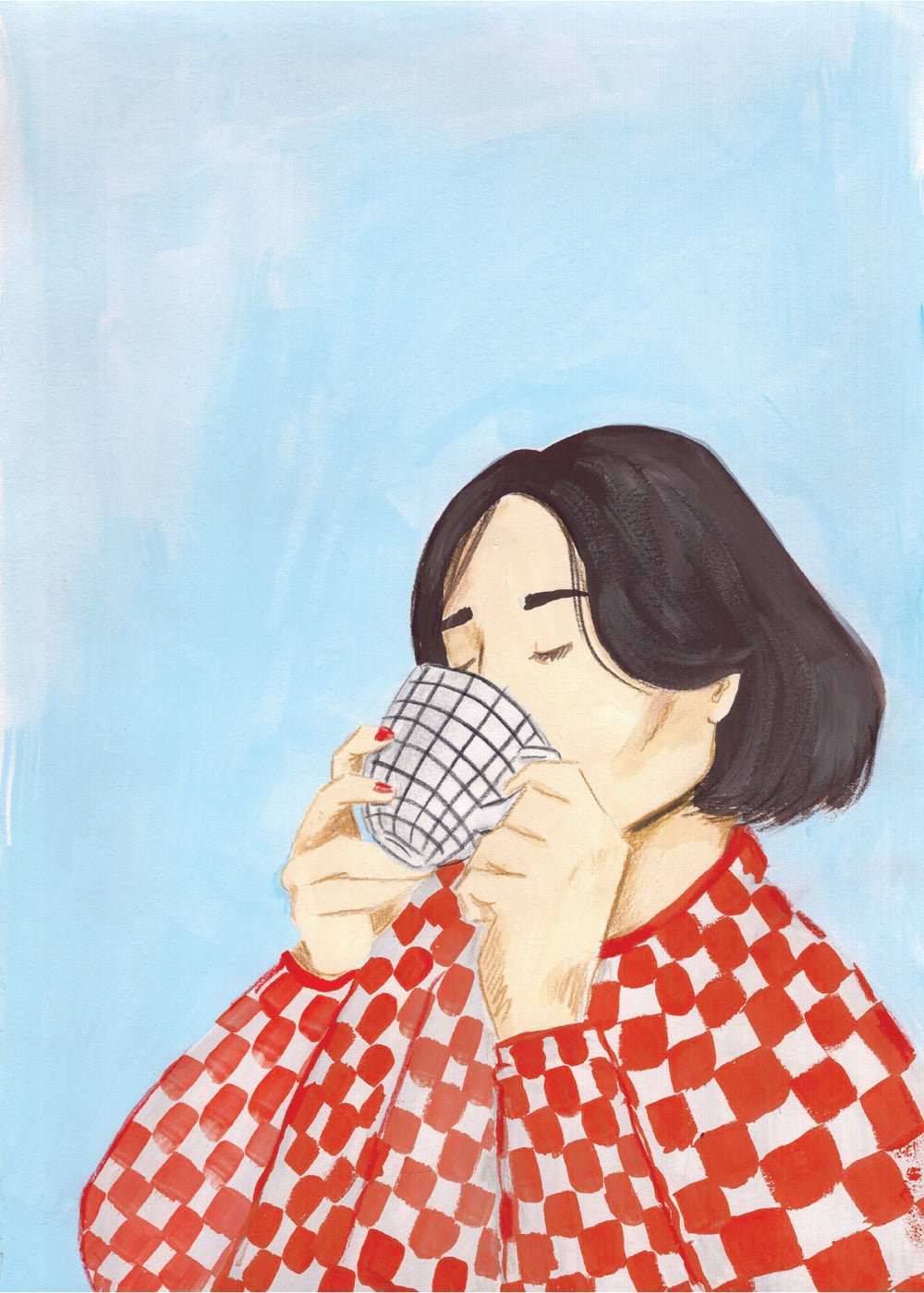 Kaffeposter föreställande en kvinna i röd och vit rutig blus som dricker kaffe ur rutig kaffekopp.
