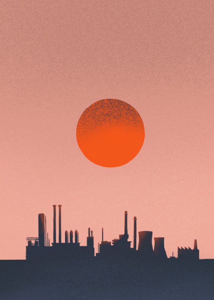Factory Poster - Rosa och orange poster med solnedgång över industristad.