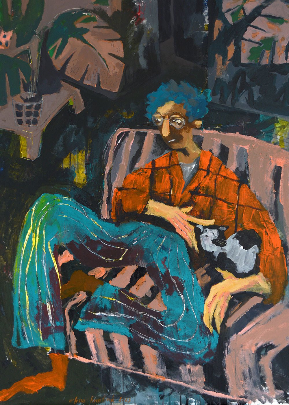Poster av vacker oljemålning föreställande en man med sin katt som drömmer sig bort där han sitter på soffan. Vacker tavla med snygg färgskala.