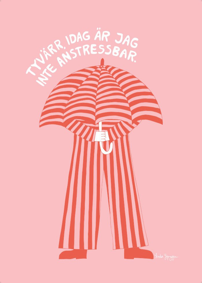 Rosa vykort med roliga textbudskap och illustration av Linda Ljunggren för Skaperian.
